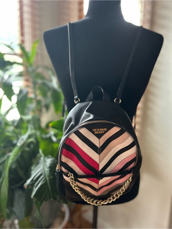 Victoria\'s Secret Black Mini Backpack with Pink and Cream Chevron Stripes main image 5